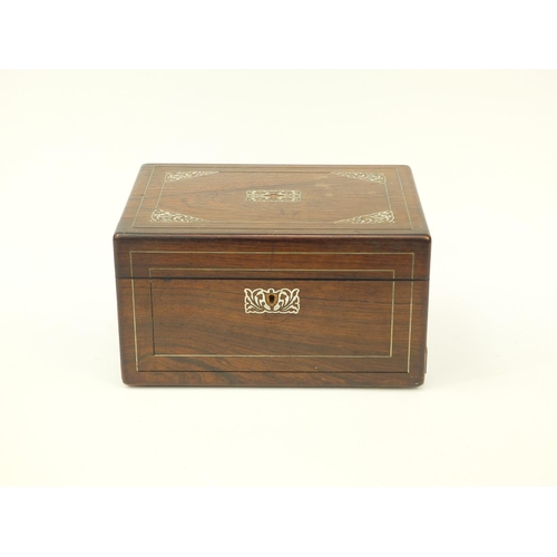 267 - Victorian rosewood workbox with Mother of Pearl inlay, hinged lid and secret drawer, 31cm long