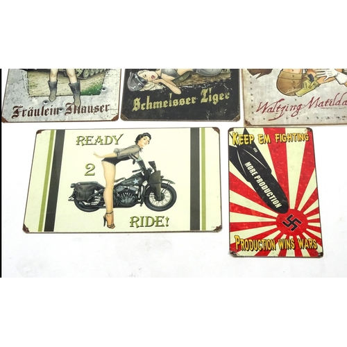 790 - Five propaganda pin up metal signs