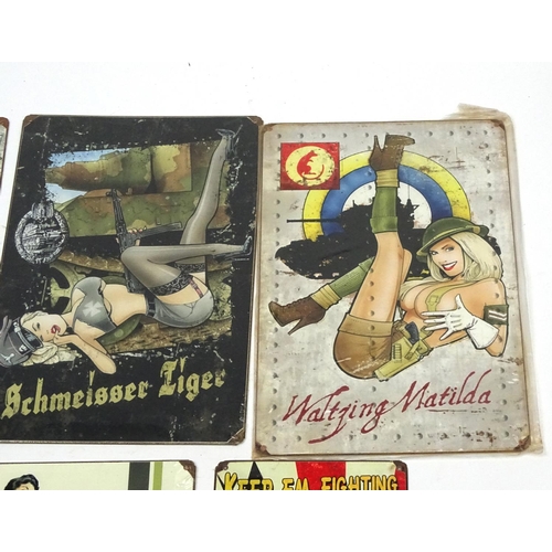 790 - Five propaganda pin up metal signs