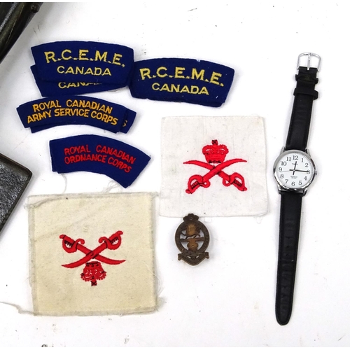 805 - Group of Military items including a US spade, tin helmet and cloth insignia