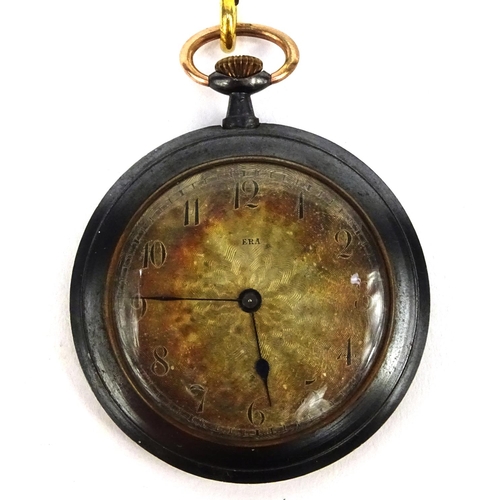 356 - Gentleman's open face gun metal pocket watch with silvered dial, marked ERA, 5cm in diameter