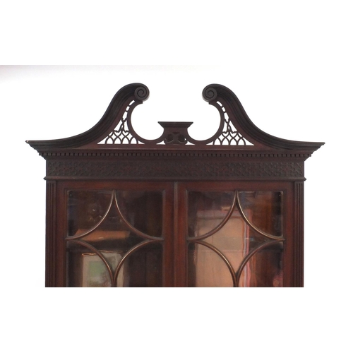 2003 - Edwardian mahogany china cabinet with pierced swan neck pediment, 193cm high x 76cm wide x 46cm deep