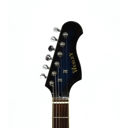 2167 - Wesley blue and black electric guitar with six strings, 100cm in length