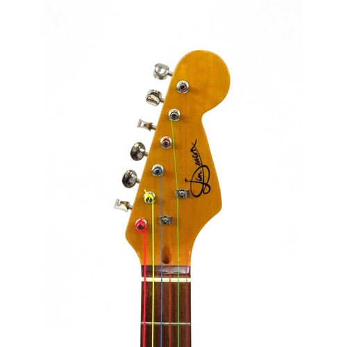 2174 - Jim Deacon red electric guitar with six strings, 99cm in length