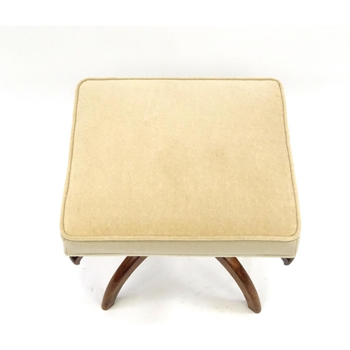 2041 - Victorian rosewood X-frame stool with upholstered seat, 45cm high x 43cm wide x 38cm deep