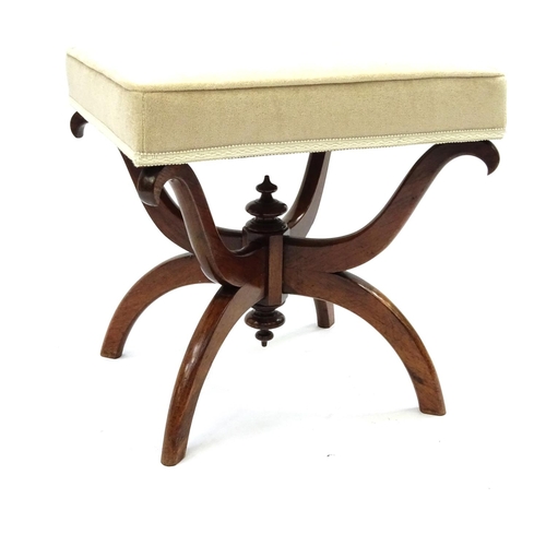 2041 - Victorian rosewood X-frame stool with upholstered seat, 45cm high x 43cm wide x 38cm deep