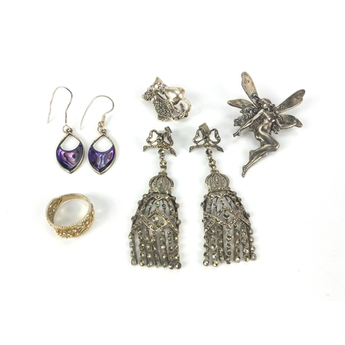 2532 - Silver and white metal jewellery including a pair of marcasite drop earrings, a fairy brooch, marcas... 