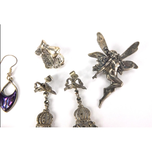 2532 - Silver and white metal jewellery including a pair of marcasite drop earrings, a fairy brooch, marcas... 