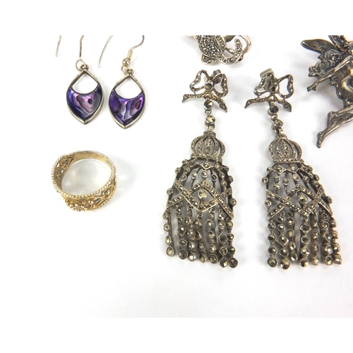 2532 - Silver and white metal jewellery including a pair of marcasite drop earrings, a fairy brooch, marcas... 