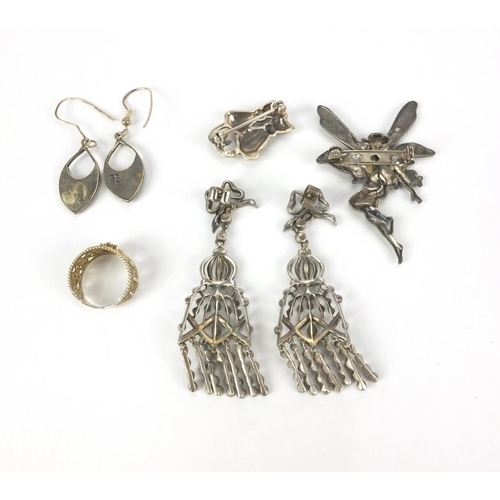 2532 - Silver and white metal jewellery including a pair of marcasite drop earrings, a fairy brooch, marcas... 