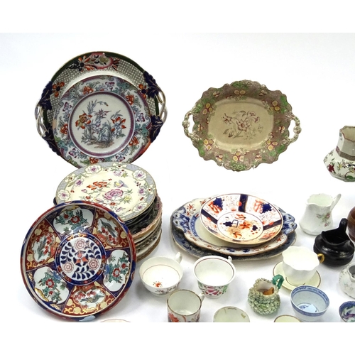 589 - Box of Victorian and later china including Satsuma items, Imari pattern Derby cup, assorted jugs etc