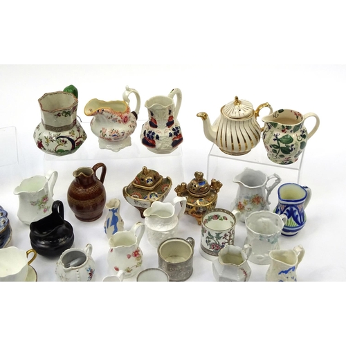 589 - Box of Victorian and later china including Satsuma items, Imari pattern Derby cup, assorted jugs etc