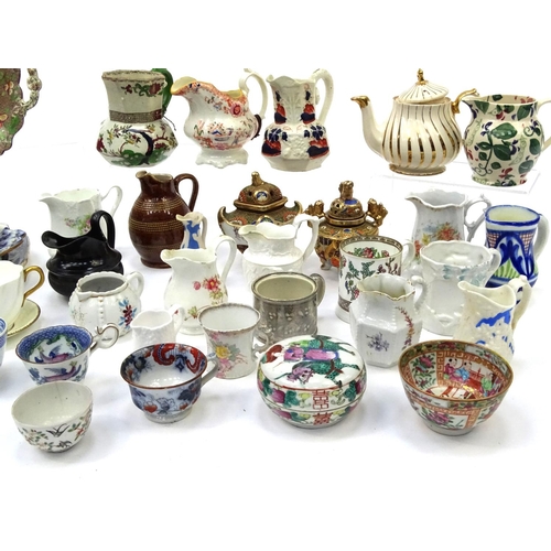 589 - Box of Victorian and later china including Satsuma items, Imari pattern Derby cup, assorted jugs etc