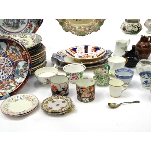 589 - Box of Victorian and later china including Satsuma items, Imari pattern Derby cup, assorted jugs etc