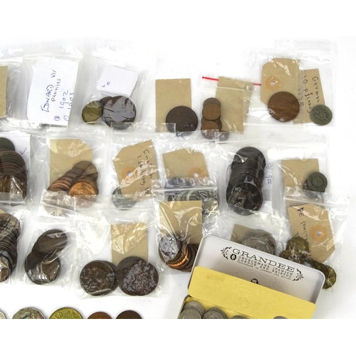 702 - Box of assorted World coins including British pre-decimal examples and French and Spanish