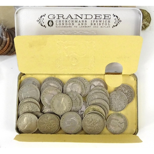 702 - Box of assorted World coins including British pre-decimal examples and French and Spanish