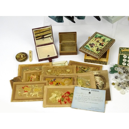 490 - Box of objects including World War I silk greetings cards, Poole dolphins, Beswick decanter, silver ... 