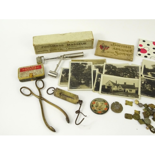 450 - Box of objects including Military buttons, antique corkscrew, shoe horn, postcards etc