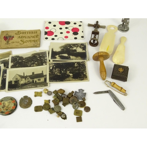 450 - Box of objects including Military buttons, antique corkscrew, shoe horn, postcards etc