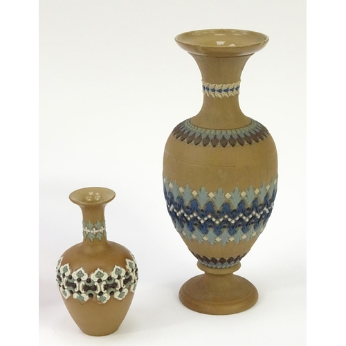 259 - Two Doulton Lambeth silicon vases and a signed Thorn glass bowl, the largest vase 24cm high