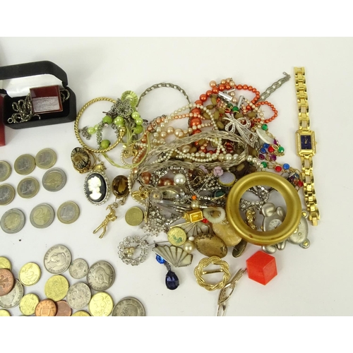 348 - Bag of assorted costume jewellery and World coins including necklaces and bracelets