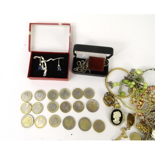 348 - Bag of assorted costume jewellery and World coins including necklaces and bracelets