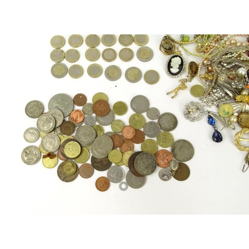 348 - Bag of assorted costume jewellery and World coins including necklaces and bracelets