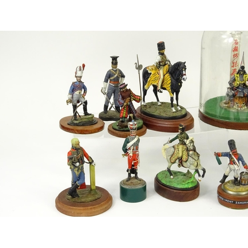 691 - Collection of hand painted model soldiers including lead examples and an Oriental warrior under a gl... 