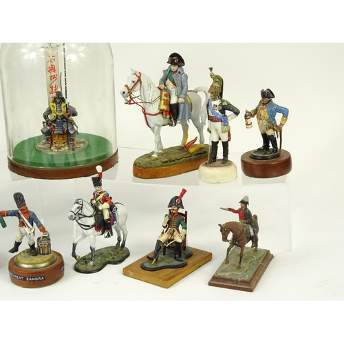 691 - Collection of hand painted model soldiers including lead examples and an Oriental warrior under a gl... 