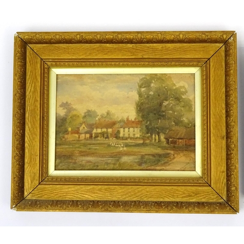 281 - Two watercolour on card, views on cottage scenes, one bearing an indistinct signature, both gilt fra... 