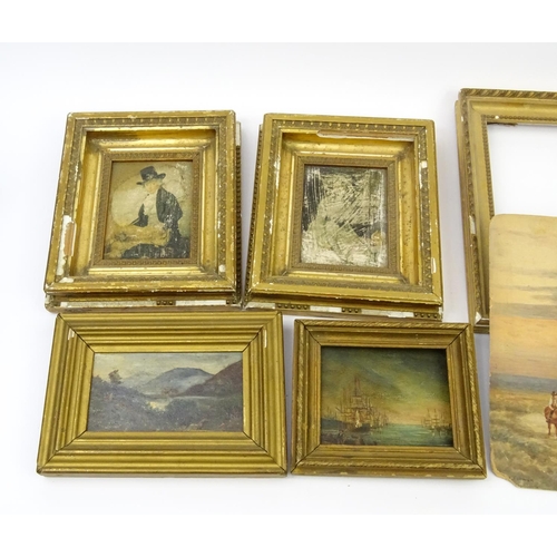 658 - Two miniature oil on panel, views of ships at sea and a landscape, pair of gilt framed prints and a ... 