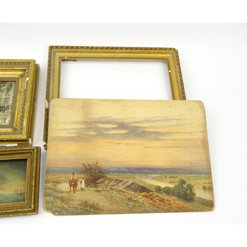 658 - Two miniature oil on panel, views of ships at sea and a landscape, pair of gilt framed prints and a ... 