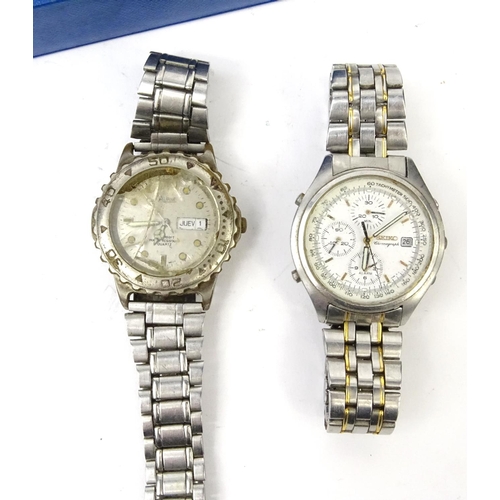 381 - Two gentleman's stainless steel wristwatches comprising Seiko chronograph and Alpine, also a novelty... 