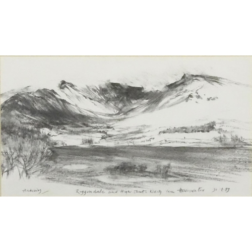 165 - Two charcoal on paper, landscape views, both signed Andvewes? each contemporary mounted and framed, ... 