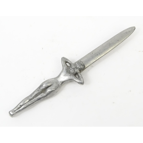 440 - Decorative white metal nude lady letter opener, the blade engraved Naples, 27cm long