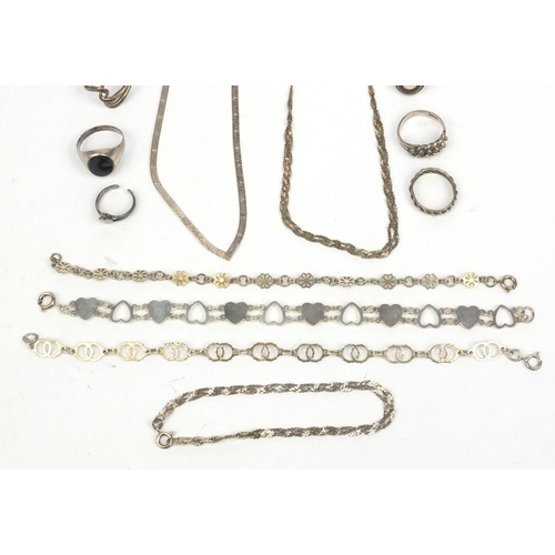 358 - Small selection of silver and white metal jewellery including necklaces and rings, and a silver baby... 