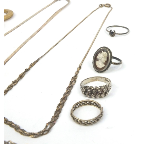 358 - Small selection of silver and white metal jewellery including necklaces and rings, and a silver baby... 