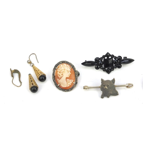 352 - Small selection of assorted jewellery including silver rings, jet style brooch, cameo pendant etc