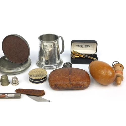 453 - Bag of objects including folding pocket knives, hip flasks, swiza carriage clock etc