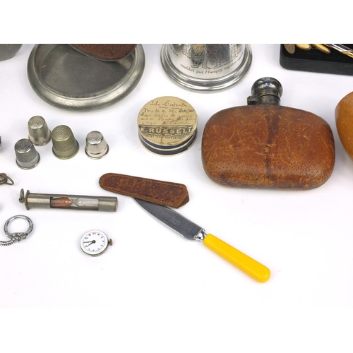 453 - Bag of objects including folding pocket knives, hip flasks, swiza carriage clock etc