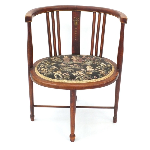 62 - Edwardian inlaid mahogany chair with needlepoint upholstered seat, 70cm high