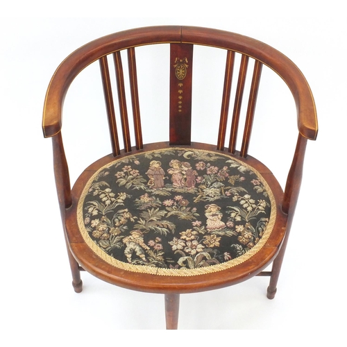 62 - Edwardian inlaid mahogany chair with needlepoint upholstered seat, 70cm high