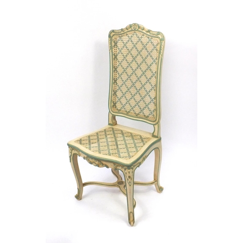2034 - Set of six cream and green painted highback dining chairs with cane panelled backs and seats to incl... 