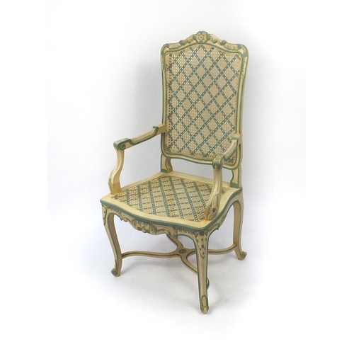 2034 - Set of six cream and green painted highback dining chairs with cane panelled backs and seats to incl... 