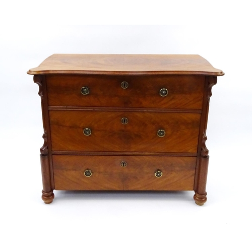 2 - Mahogany three drawer chest with serpentine top, 80cm high x 95cm wide x 45cm deep