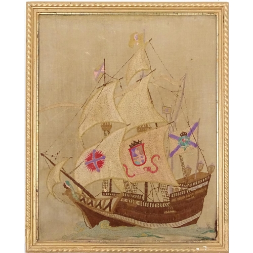 167 - Needlepoint panel of a rigged sailing ship, 62cm x 49cm excluding the frame