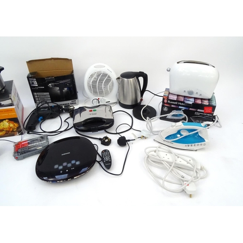 597 - Electrical items to include Samsung DVD player, Breville slow cooker, electric fire, hammer drill, i... 