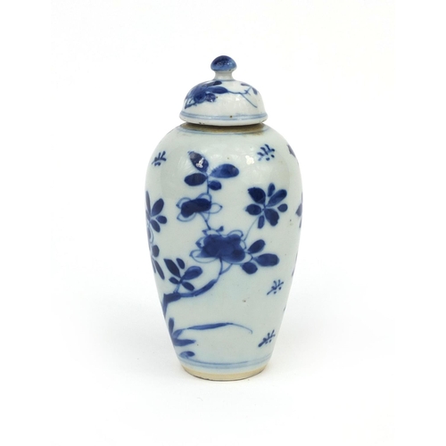 2077 - Chinese blue and white porcelain lidded vase, hand painted with insects and trees, 12.5cm high