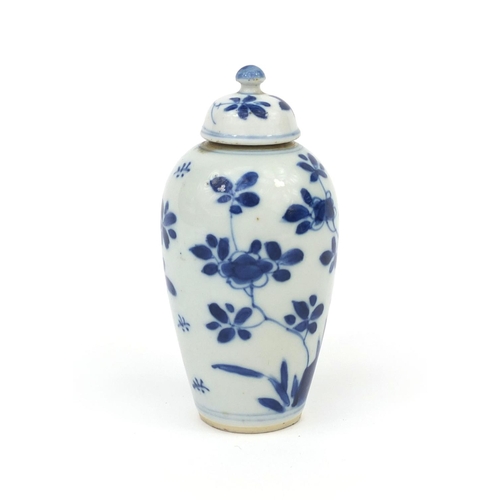 2077 - Chinese blue and white porcelain lidded vase, hand painted with insects and trees, 12.5cm high