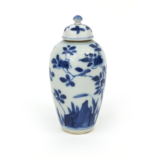 2077 - Chinese blue and white porcelain lidded vase, hand painted with insects and trees, 12.5cm high